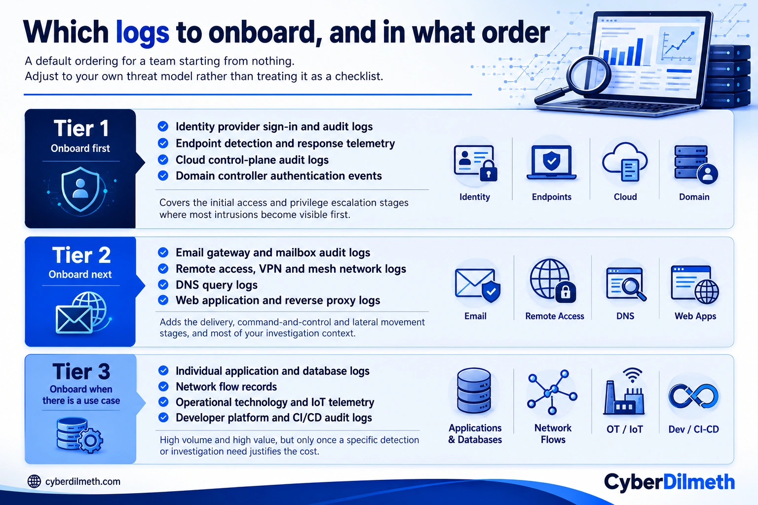 Three-tier diagram of SIEM log source onboarding priority, showing identity, endpoint and cloud control-plane logs in tier one, email, remote access, DNS and web logs in tier two, and application, network flow, operational technology and CI/CD logs in tier three.